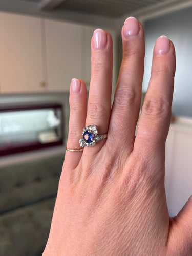 Bague 49 Art déco - Bague en platine avec saphir bleu et diamants 58 Facettes