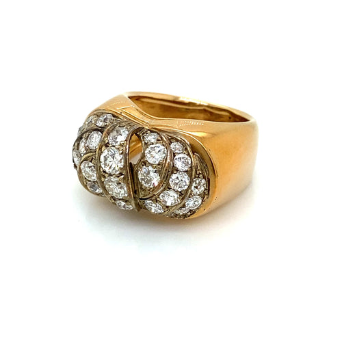 Bague 56 Bague Art déco pavée de diamants en or rose 18 carats et argent 58 Facettes