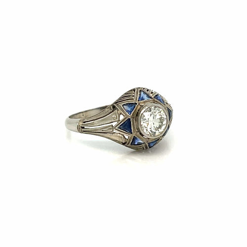 Bague Art déco - Bague filigranée en or blanc 18k, diamant 0,80 ct et saphirs 58 Facettes