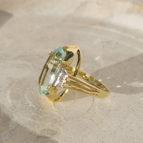 Bague 54 Bague Art déco en or jaune 14 carats avec aquamarine et diamants 58 Facettes
