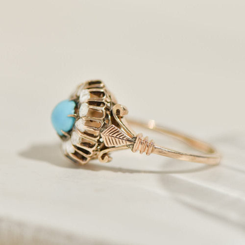 Bague 55 Bague antique - Biedermeier en or jaune 14K avec turquoises et diamants 58 Facettes 3230-7