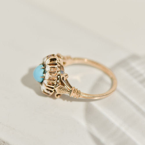 Bague 55 Bague antique - Biedermeier en or jaune 14K avec turquoises et diamants 58 Facettes 3230-7