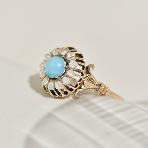 Bague 55 Bague antique - Biedermeier en or jaune 14K avec turquoises et diamants 58 Facettes 3230-7
