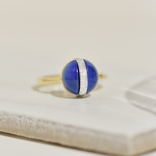 Bague 55 Bague vintage en or jaune 14K avec lapis-lazuli et diamants 58 Facettes 2372