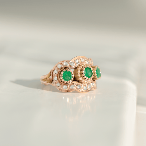 Bague 54 Bague victorienne - Bague en or rose 14K, émeraudes et diamants taille rose 58 Facettes