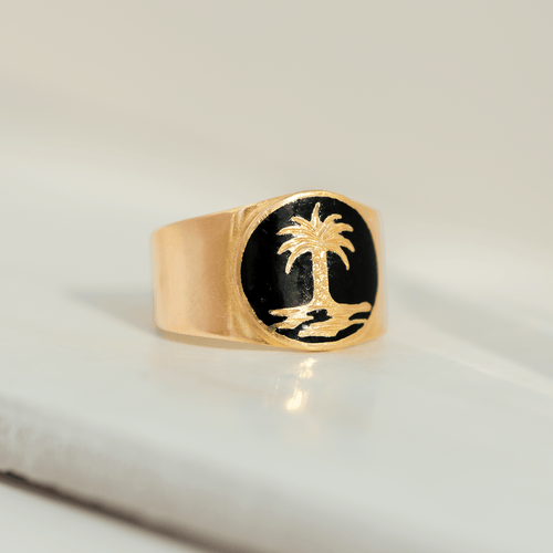Bague 56 Bague vintage palmier en or jaune 18 carats et émail noir 58 Facettes