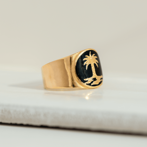 Bague 56 Bague vintage - Motif palmier en or jaune 18 carats et émail noir 58 Facettes