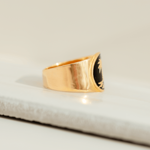 Bague 56 Bague vintage palmier en or jaune 18 carats et émail noir 58 Facettes