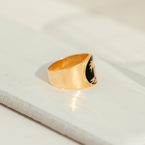 Bague 56 Bague vintage - Motif palmier en or jaune 18 carats et émail noir 58 Facettes