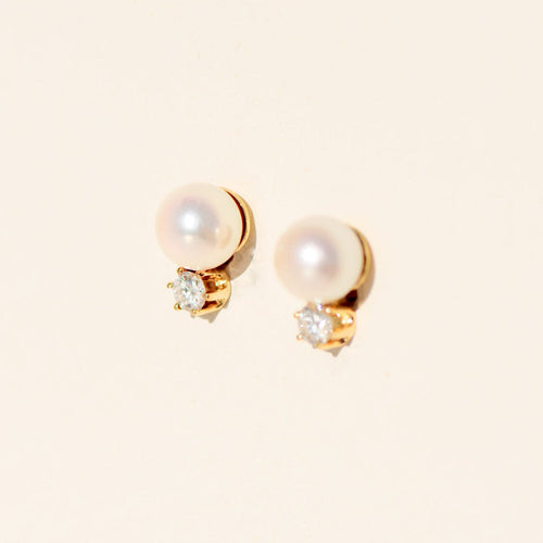 Bague Ohrstecker - Perles et diamants en or jaune 14 carats 58 Facettes