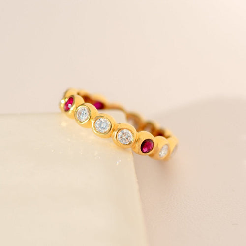 Bague 50 Memory - Bague alliance en or jaune 750 avec diamants et rubis 58 Facettes