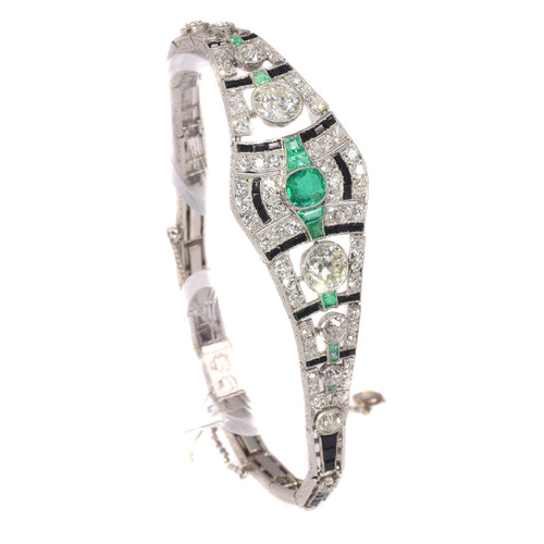 Bracelet Bracelet Art déco en platine avec diamants, émeraudes et onyx 58 Facettes 20358-0165
