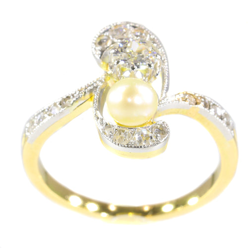 Bague 52 Bague de fiançailles Art nouveau en or 18K, diamants et perle 58 Facettes 21285-0669