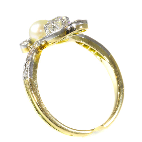 Bague 52 Bague de fiançailles Art nouveau en or 18K, diamants et perle 58 Facettes 21285-0669