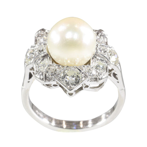 Bague 50 Bague Art déco belge en platine avec diamants et perle de culture 58 Facettes 22132-0317