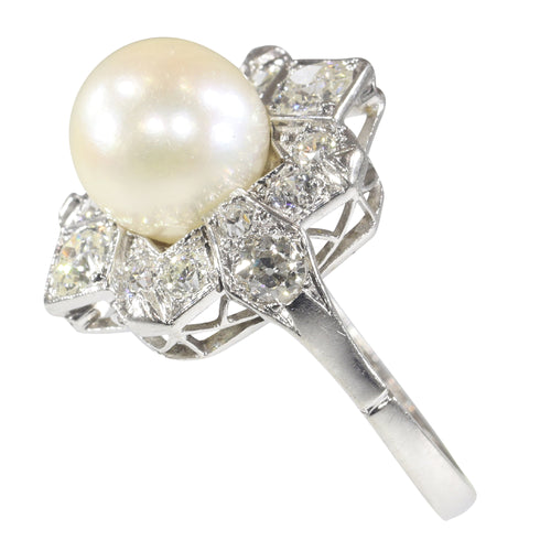 Bague 50 Bague Art déco belge en platine avec diamants et perle de culture 58 Facettes 22132-0317