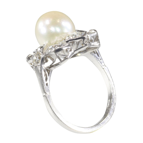 Bague 50 Bague Art déco belge en platine avec diamants et perle de culture 58 Facettes 22132-0317