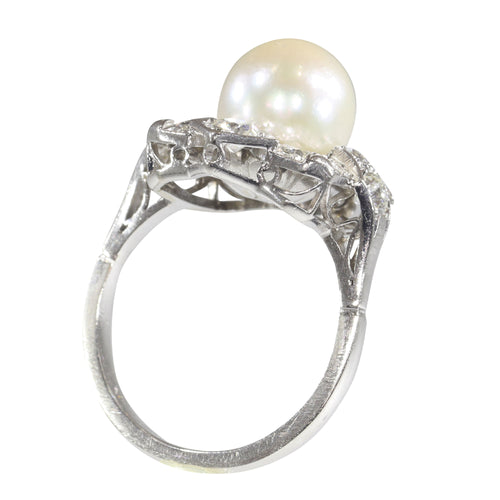 Bague 50 Bague Art déco belge en platine avec diamants et perle de culture 58 Facettes 22132-0317