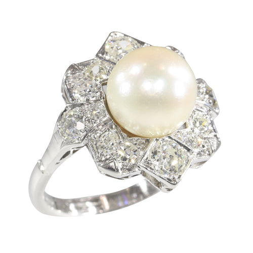 Bague 50 Bague Art déco belge en platine avec diamants et perle de culture 58 Facettes 22132-0317