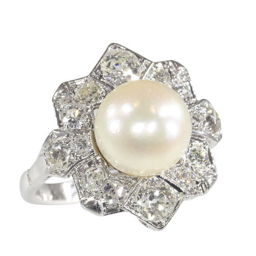 Bague 50 Bague Art déco belge en platine avec diamants et perle de culture 58 Facettes 22132-0317