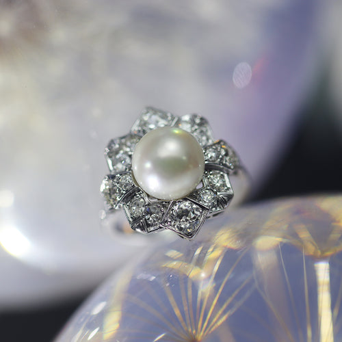 Bague 50 Bague Art déco belge en platine avec diamants et perle de culture 58 Facettes 22132-0317
