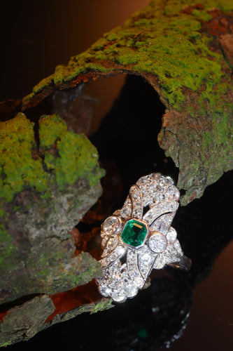 Bague 54 Bague Art déco de fiançailles en platine, diamants et émeraude 58 Facettes 22151-0121