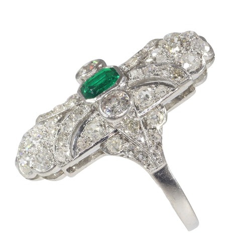 Bague 54 Bague Art déco de fiançailles en platine, diamants et émeraude 58 Facettes 22151-0121