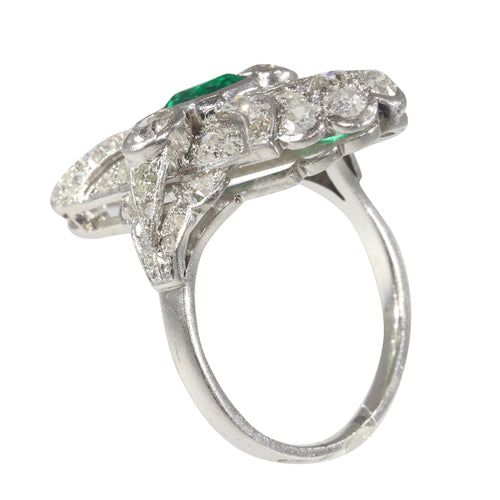 Bague 54 Bague Art déco de fiançailles en platine, diamants et émeraude 58 Facettes 22151-0121