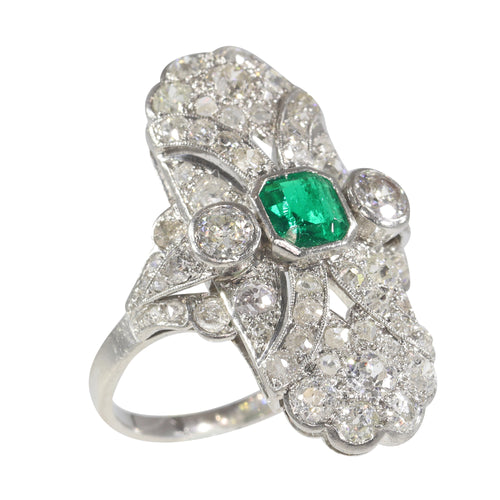 Bague 54 Bague Art déco de fiançailles en platine, diamants et émeraude 58 Facettes 22151-0121