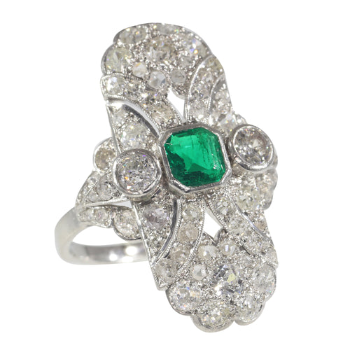 Bague 54 Bague Art déco de fiançailles en platine, diamants et émeraude 58 Facettes 22151-0121