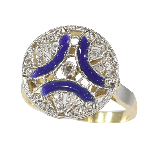 Bague 50 Bague Art déco vintage en or jaune 18K, diamants et émail bleu 58 Facettes 22236-0281