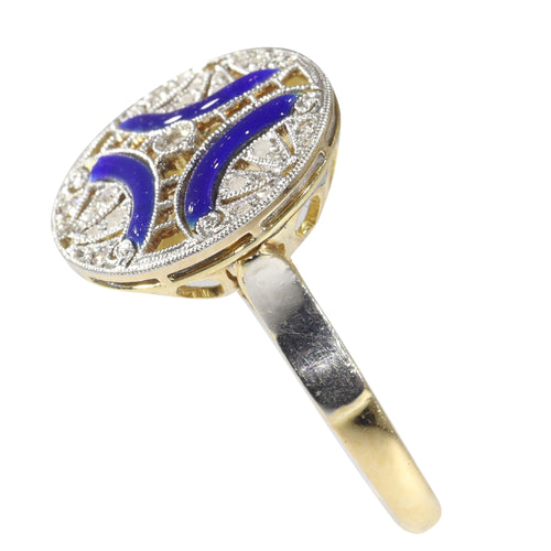 Bague 50 Bague Art déco vintage en or jaune 18K, diamants et émail bleu 58 Facettes 22236-0281