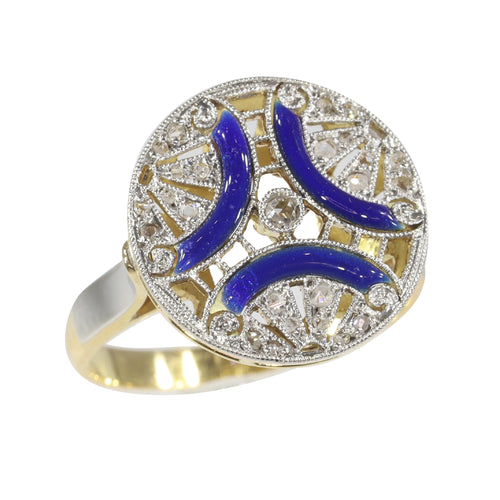 Bague 50 Bague Art déco vintage en or jaune 18K, diamants et émail bleu 58 Facettes 22236-0281