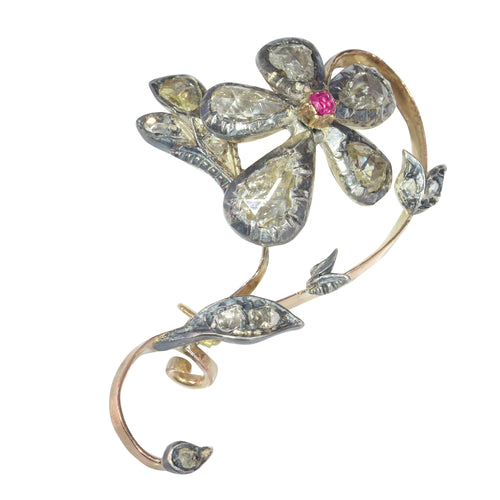 Broche Broche branche fleurie victorienne en or rouge 18k, argent, diamants et rubis 58 Facettes 23031-0050
