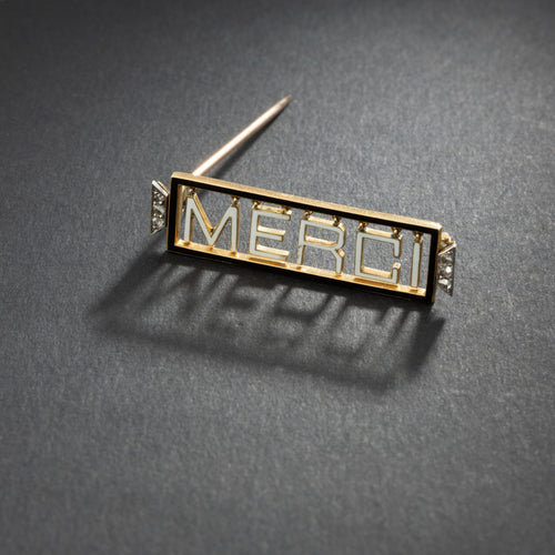 Broche Broche « Merci » émaillée en or jaune 18k et platine, diamants 58 Facettes