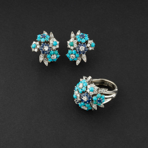 Boucles d'oreilles Boucles d’oreilles clips motif fleurs en or 18k, platine et diamants, turquoises, saphirs 58 Facettes
