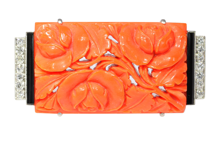 Broche Broche Art déco japonisme en or blanc 14K, platine, diamants, onyx et corail 58 Facettes 23277-0093