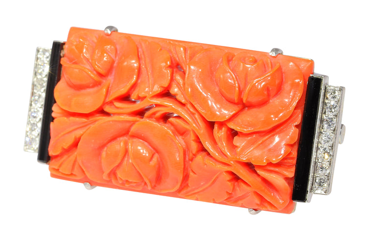Broche Broche Art déco japonisme en or blanc 14K, platine, diamants, onyx et corail 58 Facettes 23277-0093