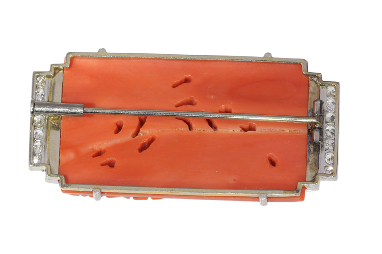 Broche Broche Art déco japonisme en or blanc 14K, platine, diamants, onyx et corail 58 Facettes 23277-0093