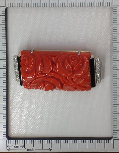 Broche Broche Art déco japonisme en or blanc 14K, platine, diamants, onyx et corail 58 Facettes 23277-0093