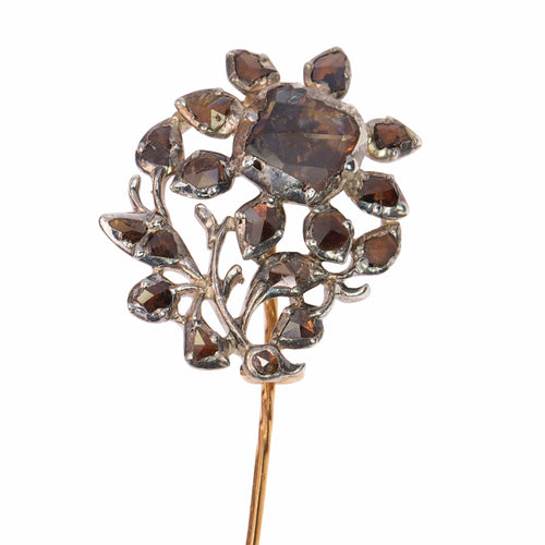 Broche Épingle rococo ancienne en or rose 18K et argent, diamants 58 Facettes 24002-0135