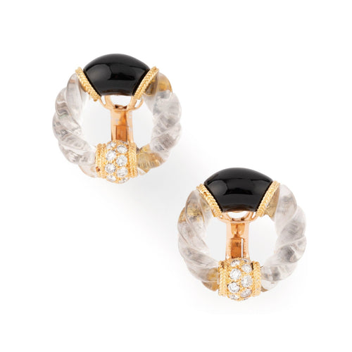 Boucles d'oreilles Boucheron - Boucles d’oreilles rondes en or jaune, onyx et diamants 58 Facettes 1