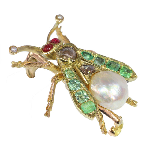 Broche Broche mouche victorienne en or jaune 14K avec diamants, rubis, émeraudes et perles 58 Facettes 24137-0100