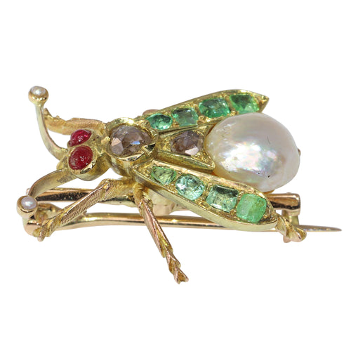 Broche Broche mouche victorienne en or jaune 14K avec diamants, rubis, émeraudes et perles 58 Facettes 24137-0100