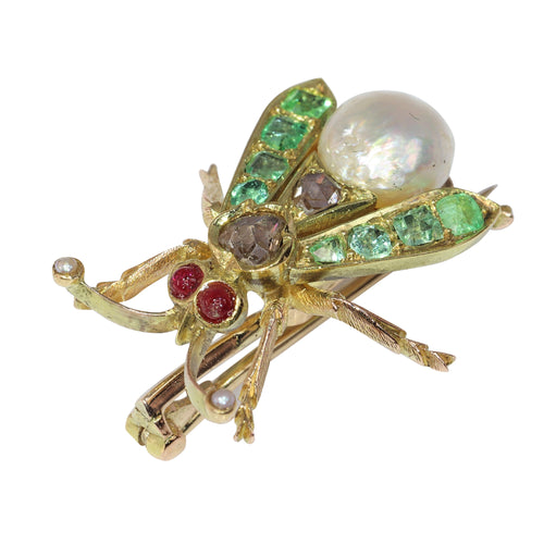 Broche Broche mouche victorienne en or jaune 14K avec diamants, rubis, émeraudes et perles 58 Facettes 24137-0100