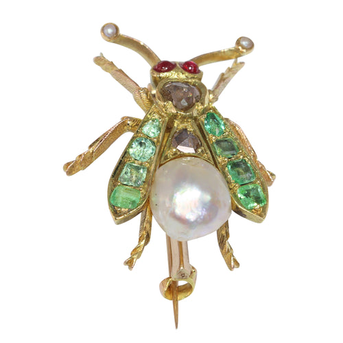 Broche Broche mouche victorienne en or jaune 14K avec diamants, rubis, émeraudes et perles 58 Facettes 24137-0100