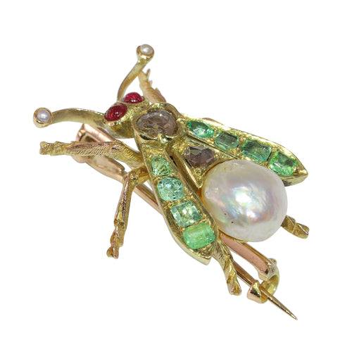 Broche Broche mouche victorienne en or jaune 14K avec diamants, rubis, émeraudes et perles 58 Facettes 24137-0100