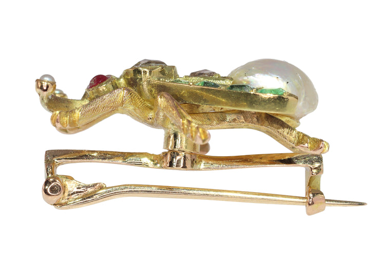Broche Broche mouche victorienne en or jaune 14K avec diamants, rubis, émeraudes et perles 58 Facettes 24137-0100