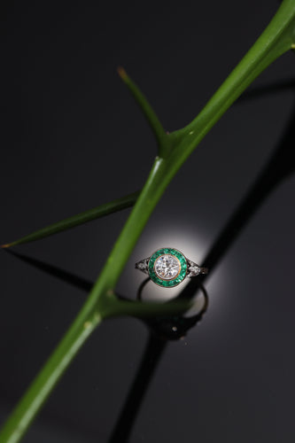 Bague 55 Bague de fiançailles Art déco vintage en or jaune 18K, platine, diamants et émeraudes 58 Facettes 24197-0155