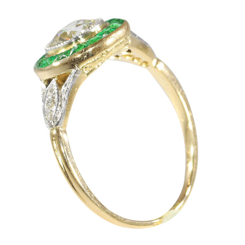 Bague 55 Bague de fiançailles Art déco vintage en or jaune 18K, platine, diamants et émeraudes 58 Facettes 24197-0155